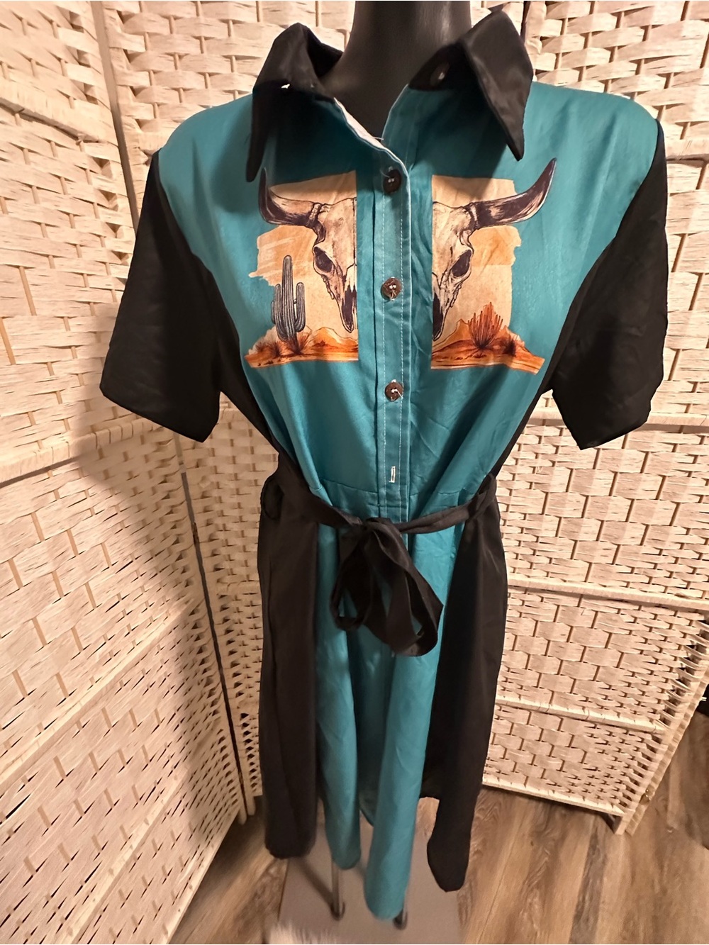 Girls' Teal and Black Western Shirt Dress with Desert Print